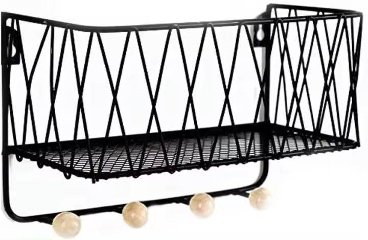 Cesta de alambre con gancho para llaves, sobre de almacenaje, ganchos para ropa, sombreros, pasillo (negra, pequeña) - 1