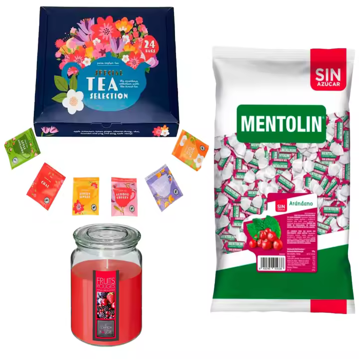 Pack Balsámico: MENTOLIN ARANDANO S/A BOLSA 1KG + Vela perfumada de frutos rojos + Set de Te con 24 bolsitas con diferentes sabores y aromas - 1