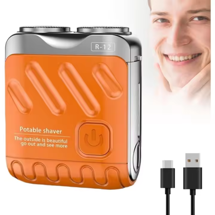 Afeitadora eléctrica portátil de doble anillo rotatorio, mini afeitadora de acero pequeña para hombres, recargable por USB, con un solo botón, larga duración (naranja) (negro) (naranja) - 1