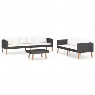 VIDAXL conjunto de sofás con mesita de ratán para jardín de 3 piezas en negro y blanco - 1