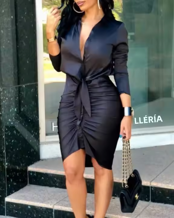 Vestido Midi Para Mujer Con Botones Manga Larga Pleated Bodycon Ruched Vestido De Camiseta Wrap Vestido De Fiesta Trabajo Oficina Lady - 1