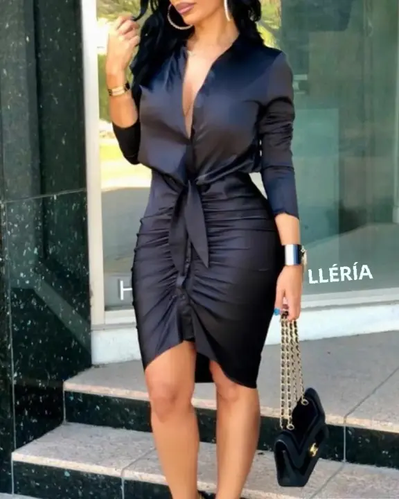 Vestido Midi Para Mujer Con Botones Manga Larga Pleated Bodycon Ruched Vestido De Camiseta Wrap Vestido De Fiesta Trabajo Oficina Lady - 1