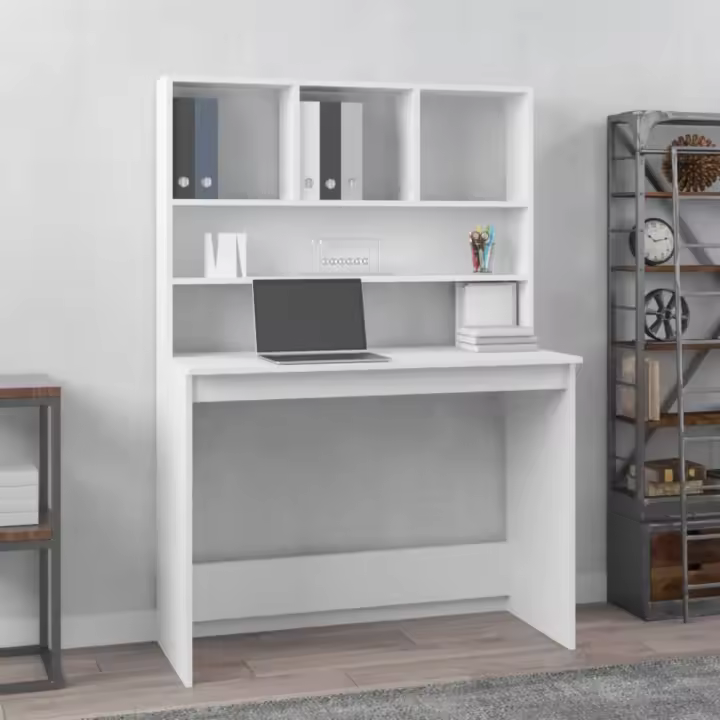 vidaXL Escritorio estantes madera contrachapada 102x45x148 cm en color Blanco/Blanco brillante/Gris hormigón y más | estructura resistente ideal para salón dormitorio o estudio - 1