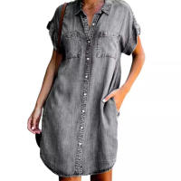 Vestido De Mezclilla Casual Para Mujer Verano Con Mangas Cortas Cuello En V Vestido A-lineado Suelto Vestido De Fiesta Solido - details 2