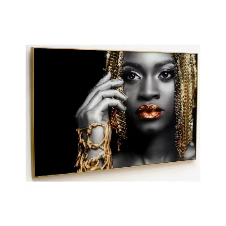 Cuadro Cristal Mujer Dorado Lentejuelas Labios Rojos Elegante - 1