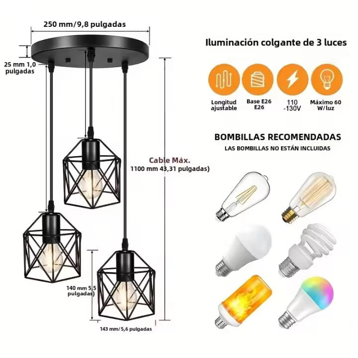Lámpara Colgante Vintage De 3 Cabezas E27 Negra Para Sala De Estar Comedor Adecuada Para Habitación Principal Otras Habitaciones Hotel - 1