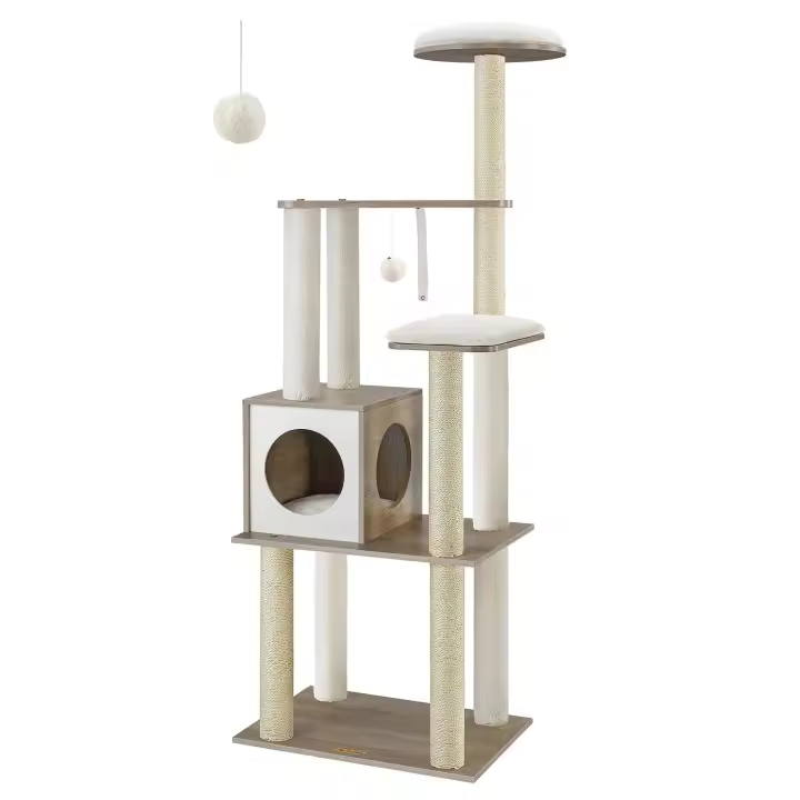 FEANDREA Árbol para Gatos, Torre Moderna de Gatos 165 cm, 5 Postes para Arañar, Cojines Lavables y Desmontables, Plataforma, Cueva, Muebles de Interior para Gatos, Greige/Marrón Rústico - 1
