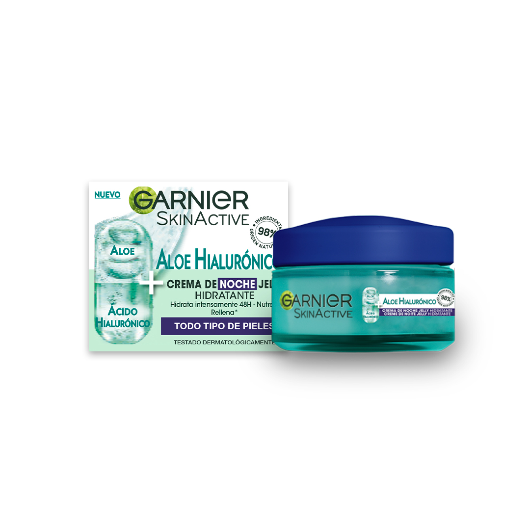 Garnier Crema de Noche Aloe Hialurónico con Ácido Hialurónico + Aloe Vera + Aceite de Argán. Hidrata intensamente 48h - Nutre - Rellena