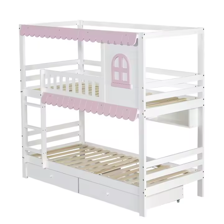 Etagenbett, Kinderbett Mit Fenstern, MIT Fallschutzgitter, Offenes Regal, Rosa Trufe, Zwei Schubladen MIT Rolls, Reichlich Stäuraum, Kiefer + MDF, Weiß + Rosa, 90x200cm - 1