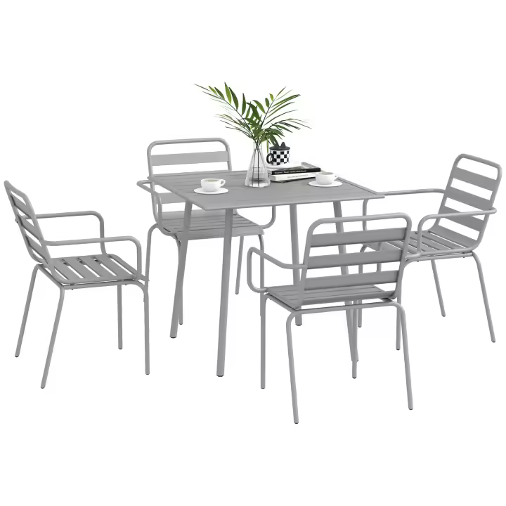Outsunny Grupo de Asientos de 5 Piezas, Juego de Muebles de Jardín con 1 Mesa de Comedor y 4 Sillas Apilables, Juego de Muebles de Jardín para Balcón, Terraza, Acero, Gris Claro - 1