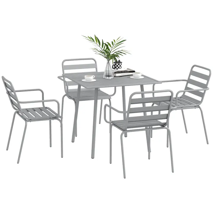 Outsunny Grupo de Asientos de 5 Piezas, Juego de Muebles de Jardín con 1 Mesa de Comedor y 4 Sillas Apilables, Juego de Muebles de Jardín para Balcón, Terraza, Acero, Gris Claro - 1