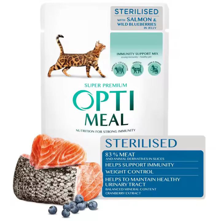 Comida húmeda para gatos adultos esterilizados OPTIMEAL con salmón y arándano en gelatina, paquete de 12*85g - Nutrición completa y equilibrada, alta en proteínas, omega-3 y antioxidantes para un sistema inmunológico fuerte y una salud óptima - 1