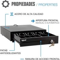 Iggual - Cajón Portamonedas IRON-10 - Caja Registradora Apertura Manual o Automática, RJ11, Medidas 38 x 33,5 x 8 cm, 4 + 6 Compartimentos Efectivo Billetes y Monedas, Cerradura de 3 Posiciones, Ideal para Restaurantes, Bares, Tiendas, Negocios - Negro - details 0