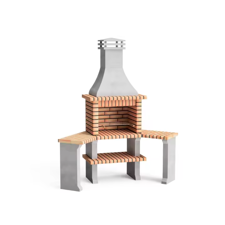 MOVELAR - Barbacoa de Obra Prefabricada para Leña y Carbón Modelo Roma 2 side tables corner (Gris, Naranja - 160 x 58 x 240 cm) REF: 3800 - Uso en Exteriores - 1