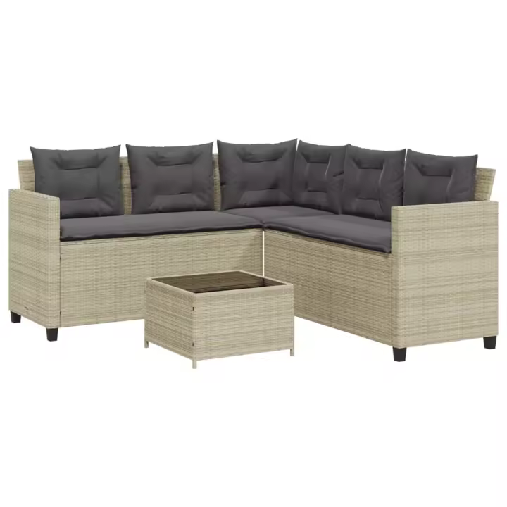 vidaXL Sofá jardín forma de L con mesa y cojines ratán PE gris claro - 1