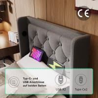 Cama tapizada Cama individual 90*200 cm, Cama de almacenamiento hidráulico en Algodón gris, Cabeza USB Typo-C tapizada con función de Carga, función LED en 3 lados (colchón no incluido) - details 1