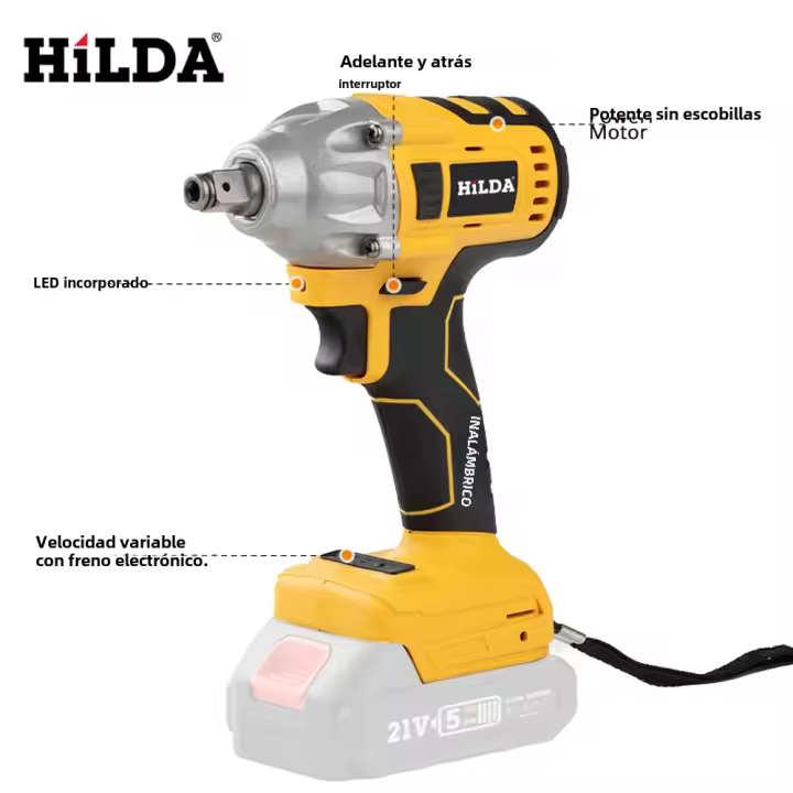 Llave De Impacto Eléctrica HILDA 21V Recargable Sin Llave De Fijación 1/2 Sin Batería Para Bricolaje En Casa Motor De Tipo Sin Escobillas Peso 1kg - 1