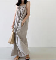 Vestido Largo De Hombros Descubiertos Sin Mangas Para Mujer REALEFT Verano Algodón Y Lino Nuevo Vintage Cuello Redondo Midi - details 5