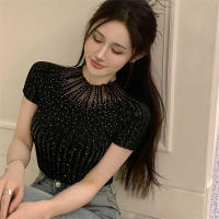 Top De Punto Para Mujer Con Cuello Medio Y Manga Corta Estilo Casual Con Brillantes Polyester Stretch Medio Para Todas Las Estaciones - details 6