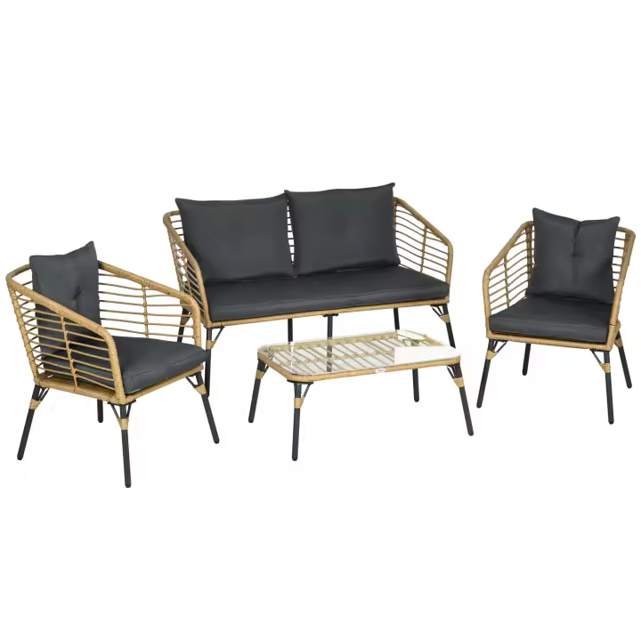 Outsunny Conjunto de Muebles de Ratán para 4 Personas Muebles de Jardín 4 Piezas con Sofá de 2 Plazos 2 Sillones Mesa de Centro y 4 Cojines para Terraza Patio Arena - 1