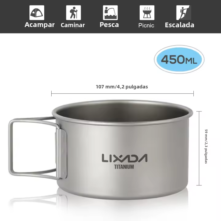 Bol De Titanio Lixada Con Manijas Plegables Contenedor De Alimentos Para Camping Y Senderismo Al Aire Libre Material De Titanio Capacidad 0.4L - 1