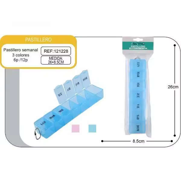 Pastillero semanal de 7 compartimientos/organizador de pastillas para 7 días/ Formato 12 unidades: precio unitario: 1,75€/unidad / Formato 6 unidades: precio unitario: 2€/unidad / - 1