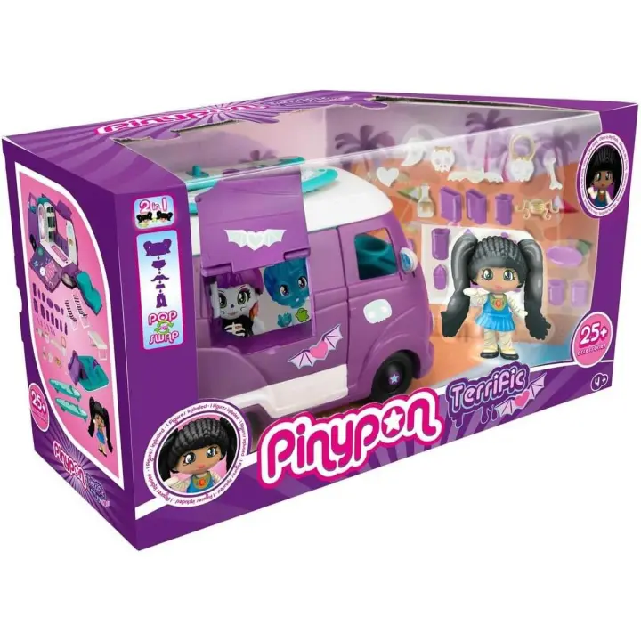 Pinypon - Terrific Van, Caravana de Juguete Morada, Se Transforma en Barca con Tobogán, Accesorios Que Brillan en Oscuridad y 2 Tablas de Surf, 1 Figura de Momia - 1