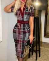 Vestido Lápiz Elegante Con Cuello V Y Cinturón Para Mujer Vestido De Oficina De Corte Recto Manga Larga Impresión Completa - details 1