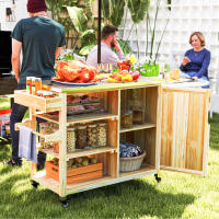 Outsunny Carrito de Parrilla Carrito de Barbacoa de Madera Carro de Servicio con 4 Ruedas Estantes Armario Encimera de Acero Inoxidable Toallero y Especiero para Jardín Patio 134,5x50x91,5 cm Natural - details 1