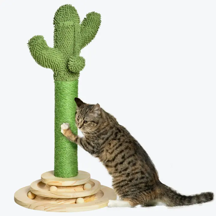 PawHut Poste Rascador para Gatos en Forma de Cactus Pequeño Árbol Rascador para Gatos con Poste de Sisal y Felpa Pelota Colgante y Base con Juego de Madera 32x32x60 cm Verde - 1