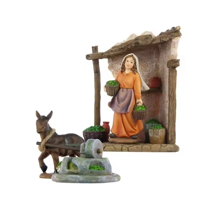 Set Figuras Mujer Burro Molino y Casa Nacimiento Imagen Resina Peana Decorativo - 1