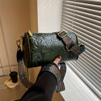 Bolso De Hombro Cruzado Estilizado Chino Para Mujeres Bolso Cilíndrico Con Relieve De Flor Cierre De Cremallera Material PU Y Lona Interior - details 3