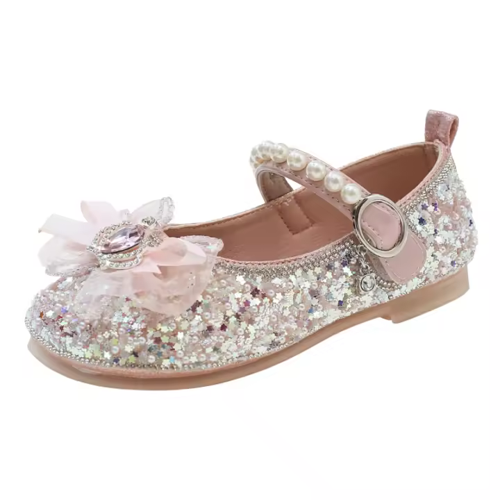 Sandalias Para Niñas De Cuero Glitón Y Diamantes Con Lazo Azul Y Rosa Antideslizantes Tallas 3-12 Años Zapatos Sencillos Para Bebés - 1