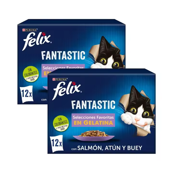 FELIX - Fantastic Gelatina (24x85 gr) - Comida Húmeda Selecciones Favoritas (Pollo, Salmón, Atún y Buey) (2 Cajas de 12x85 gr) - 1