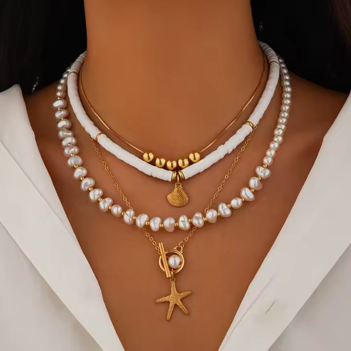 Ingemark 3Pcs/Set Collar De Perla Simulada Bohemio Con Estrella De Mar Y Escalopado Para Mujer Joyería De Cadena Elegante Regalo - 1