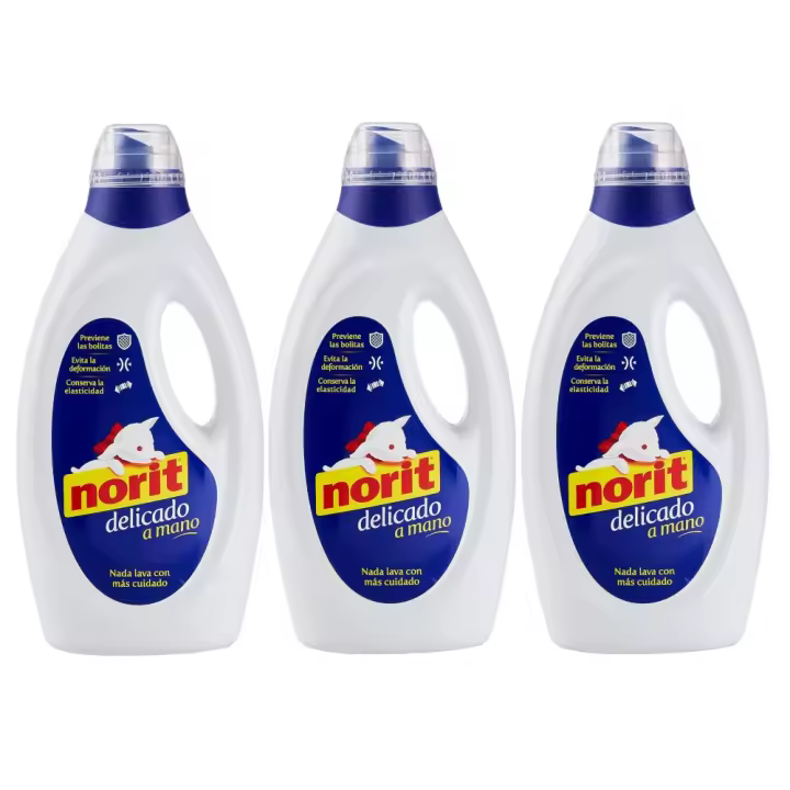 Norit Delicado a Mano 1.125ml 45 Lavados (Pack 3 uds) - Detergente Líquido, Cuida las Prendas Delicadas y las Manos, Previene las Bolitas, Evita la deformación de las prendas y Mantiene su Elasticidad, Ideal para el Lavado a Mano, Agradable Perfume - 1