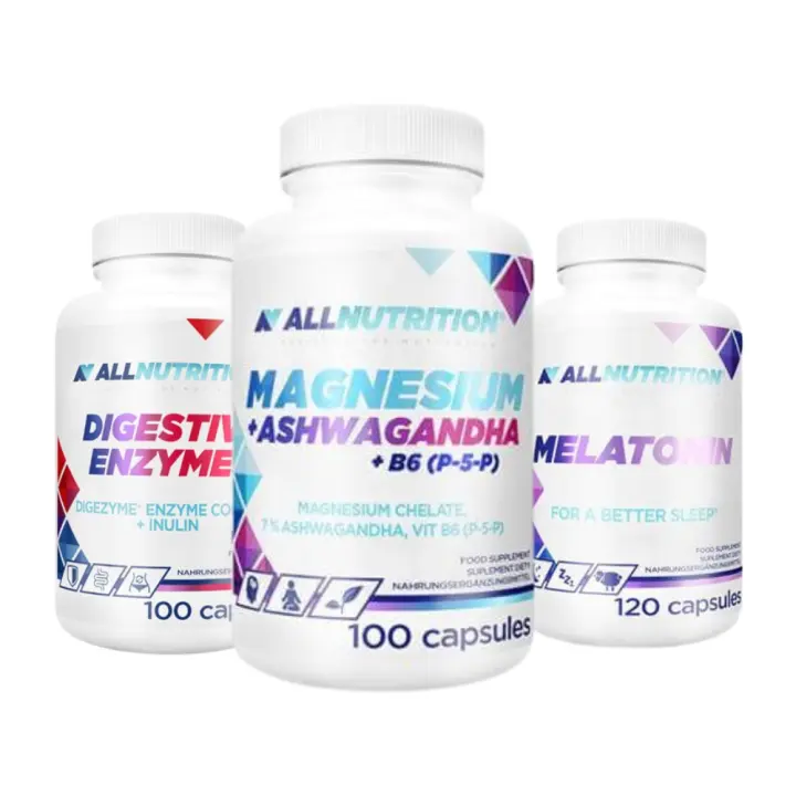 Pack Descanso total│MAGNESIO + ASHWAGANDHA + B6(P-5-P) 100caps + DIGESTIVE ENZYMES 100caps + MELATONINA 120 cápsulas - ALLNUTRITION - 1