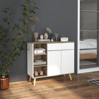 HOMCOM Aparador de Salón Moderno Aparador de Cocina con 1 Cajón 2 Puertas de Cierre Suave y Estantes Ajustables para Comedor Pasillo Dormitorio 95x35x85 cm Blanco y Natural - details 1