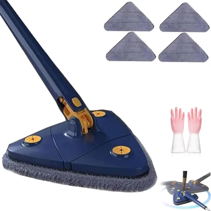Trapeador triangular Upattend, giratorio 360°, ajustable, con mango largo y varilla de empalme ajustable, escurridor automático para limpiar paredes (4 trapos azules) - 1