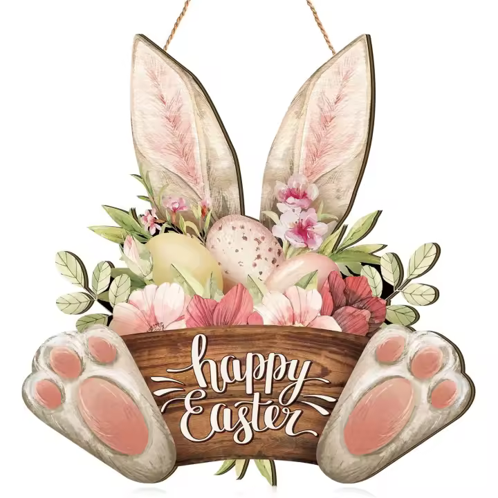 Decoración de Pascua Coronas de Pascua para puerta de entrada Letrero de madera de bienvenida de conejo colgador de puerta -Placa colgante de Pascua con diseño de conejo para decoración de primavera, la tienda y el jardín (30 x 30 cm) - 1