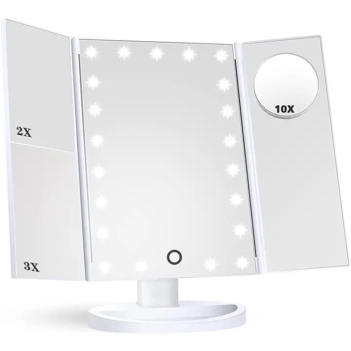 Espejo de Mesa Tríptico with Aumentos 10X, 3X, 2X y 1X, Espejo Cosmético Pantalla Táctil en Iluminacíon 21 Led, Carga with USB or Bagería, Adjustable 180 ° - 1