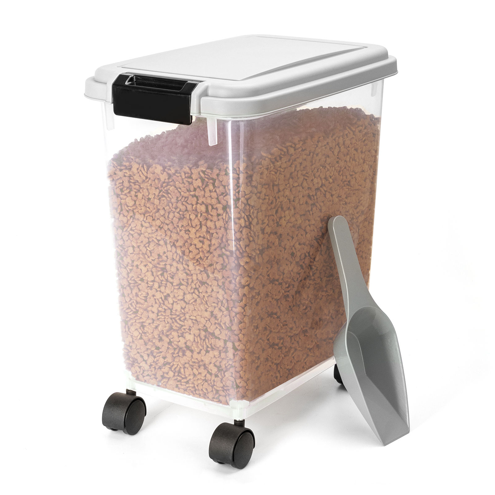 Nobleza - 20/30/40L Contenedor de Comida para Mascotas, Mascotas Caja de Alimentos con Ruedas Contenedor, Tapa abatible, hermética, Transparente, Ruedas y Pala, para Comida para Perros y Gatos, Gris