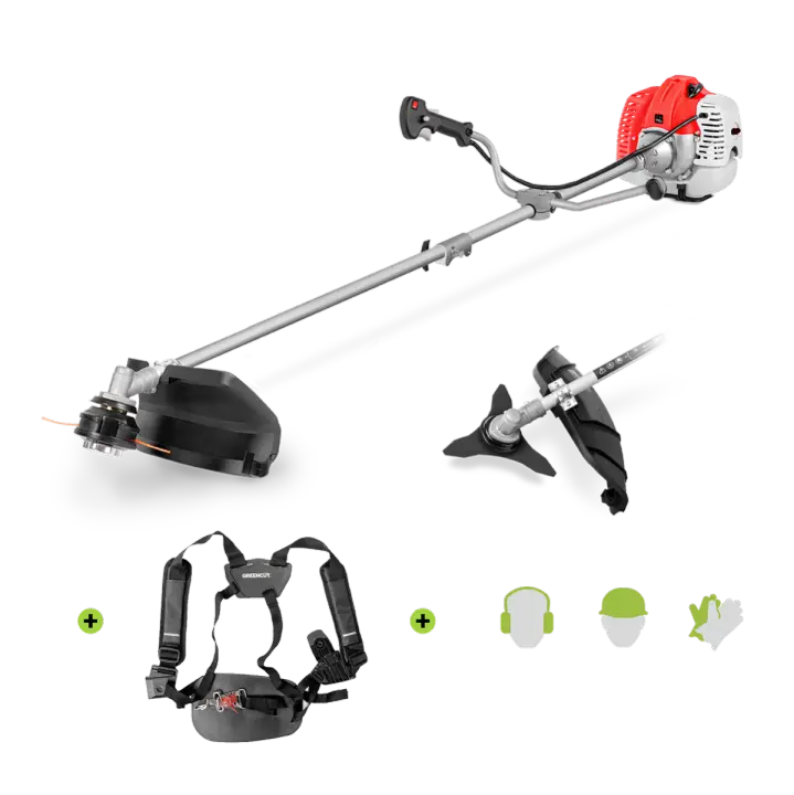 GREENCUT GGT650X-2 - Desbrozadora con Motor Gasolina 2 Tiempos 65cc 4,9cv, 2 Accesorios de Corte, Manillar de Agarre Doble, arnés y Kit de protección - 1