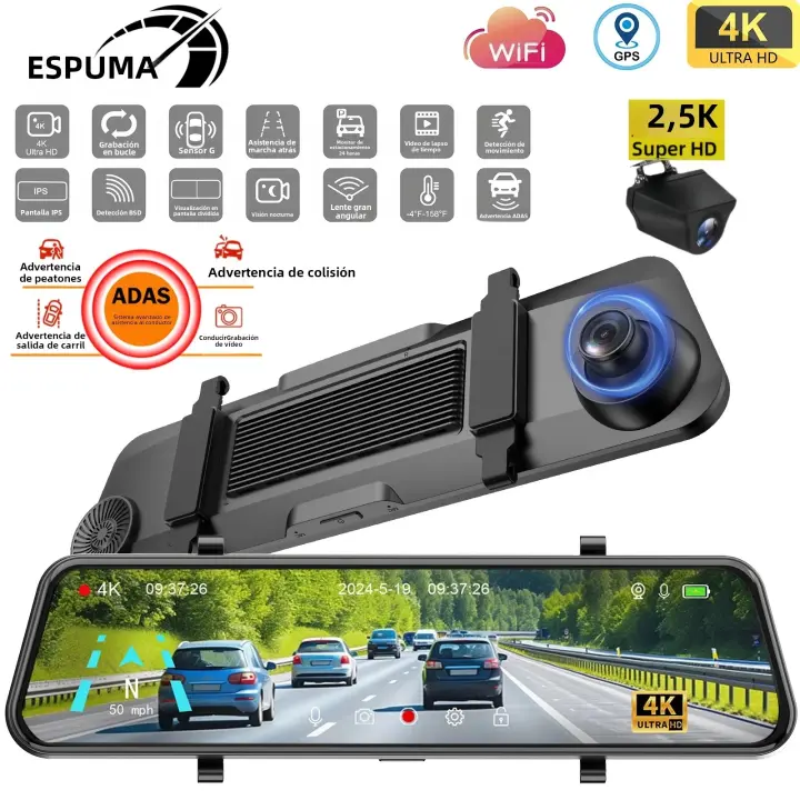 Cámara De Espejo Para Coche QOZ 4K WIFI Con ADAS Y BSD Soporte GPS Externo Visión Nocturna Monitorización 24H Para Apoyo Al Conducción Inteligente - 1