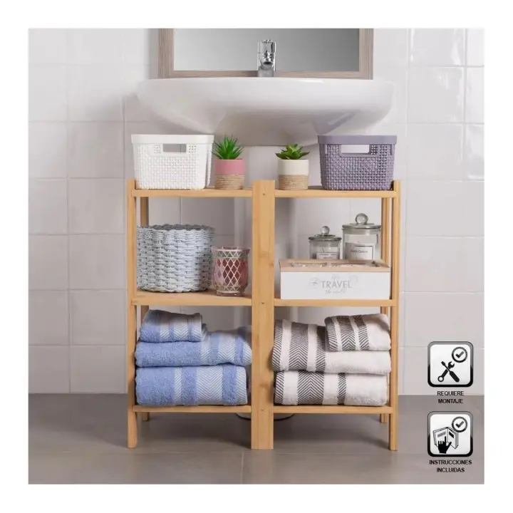 Dcasa Mueble bajo lavabo pie con 3 estantes de bambú natural de 60x30x60 cm - 1