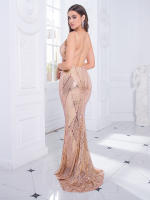 Vestido De Noche Sin Mangas Y Espalda Descubierta Dorado Rojo Slim V Neck Mermaid Prom Traje De Baño De Encaje Para Mujer - details 3