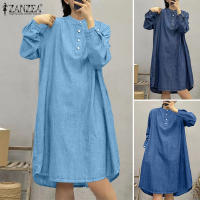 ZANZEA Vestido De Camisa Para Mujer Estilo Vintage Cuello En Pie Botones Manga Larga Casual Longa Suelta Mini Vestido Manga Larga Estilo Vintage Para Otoño Con Bolsillos - details 1