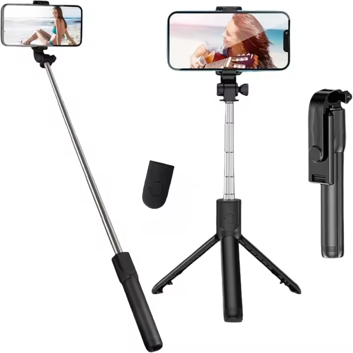 Trípode para selfies, trípode estable con control remoto inalámbrico Bluetooth, palo selfie de aluminio portátil extensible de 67 cm compatible - 1