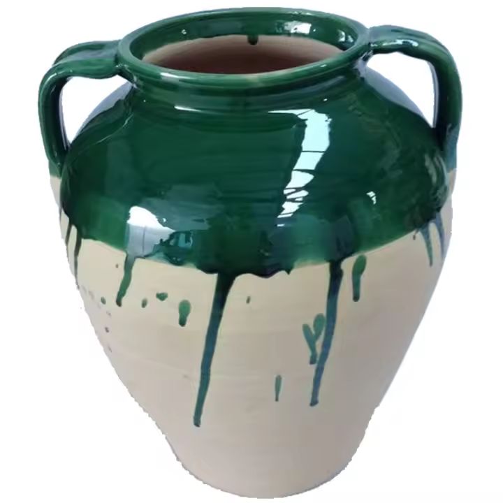 Tinaja artesanal antigua verde con dos asas de 30 x 26 cm - 1