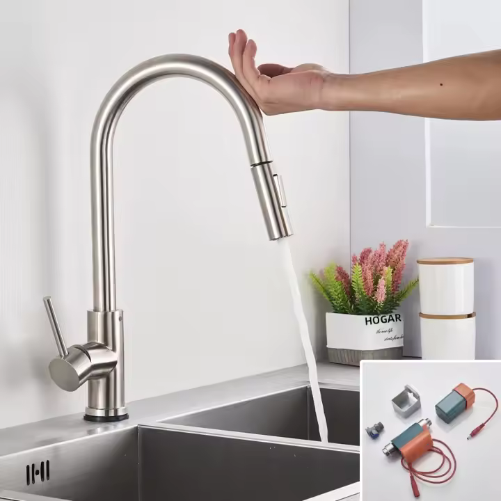 Grifo De Cocina Inteligente Con Sensor Y Pantufla Moverse 360° Monohandle Toque Brushed Doble Modo Agua Grifo Mezclador Montado En La Mesa Cromado Contemporáneo - 1